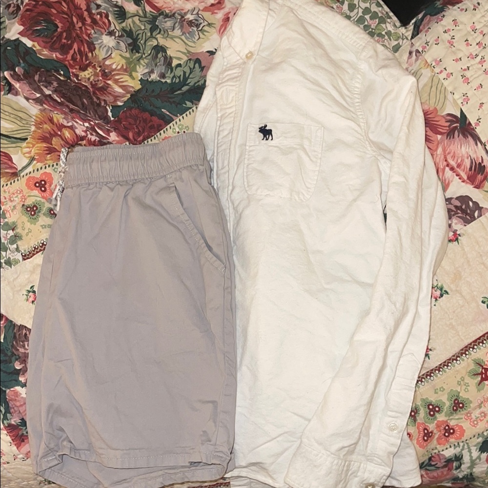 Abercrombie kids button up White Shirt and Gray Shorts size 13-14